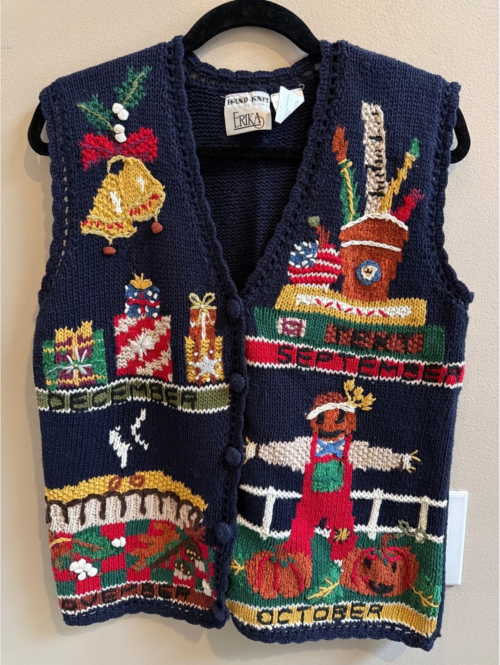VTG 1990s Erika Hand Knit Holiday Sweater Vest Medium Fall Teacher Ramie Cotton